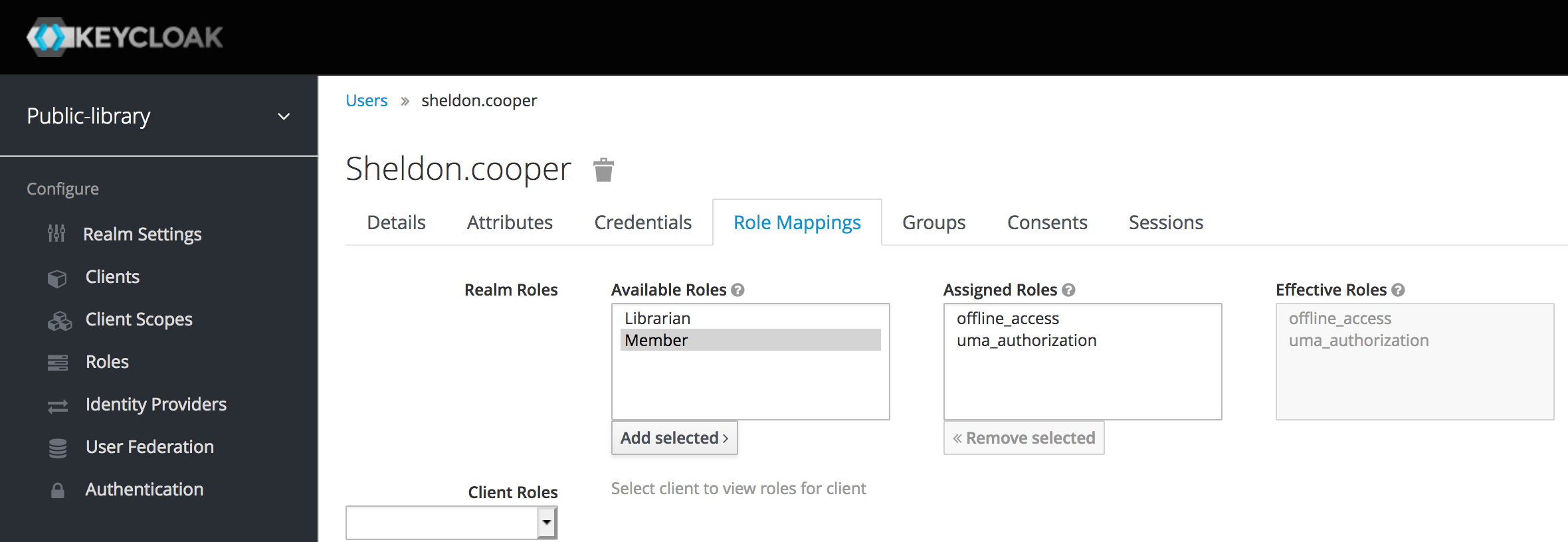 Keycloak screen for Role Mappings