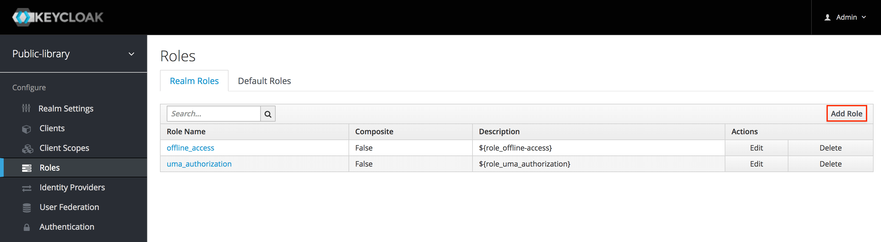 Keycloak screen for security roles