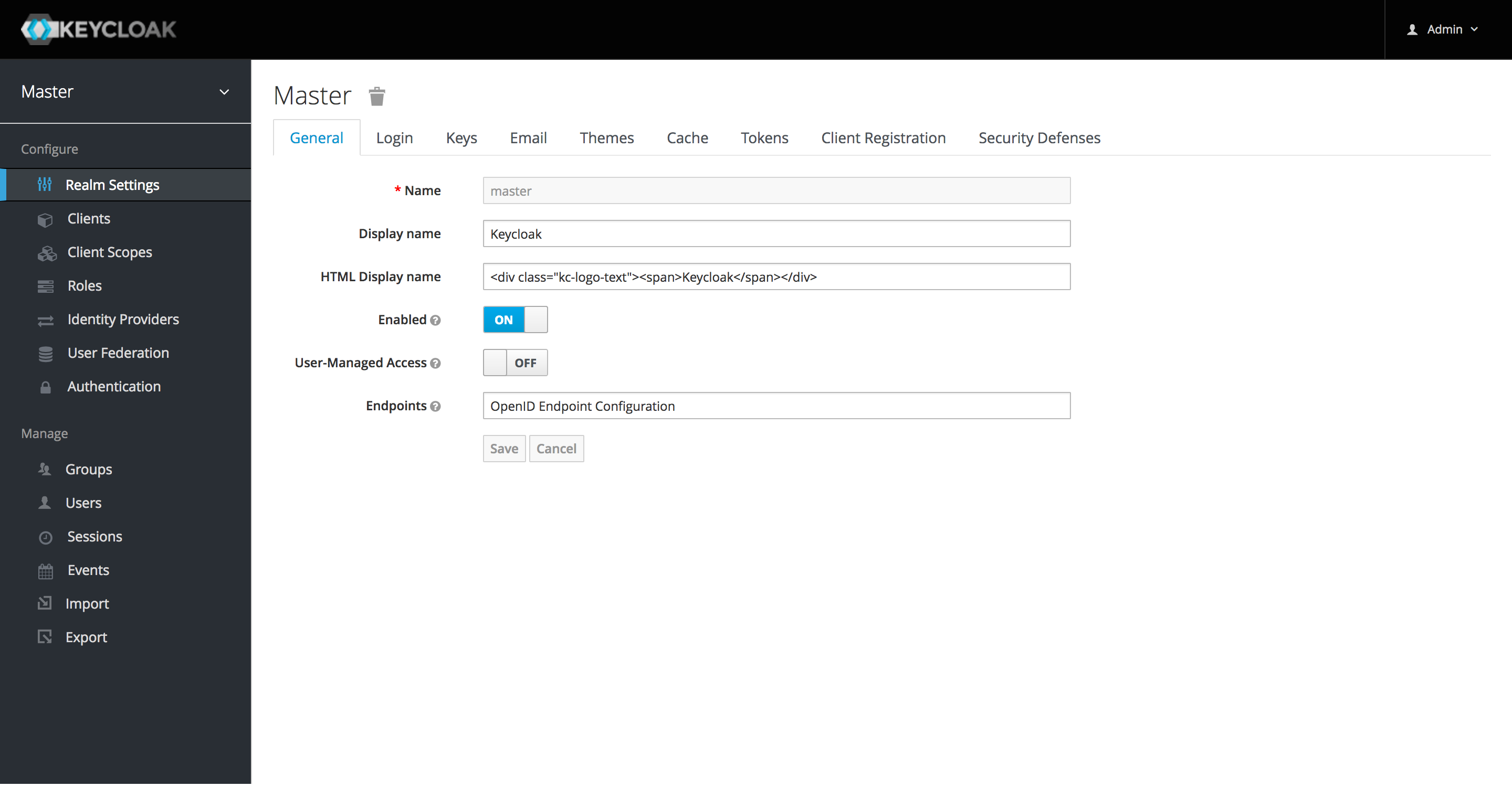 The administration console of Keycloak server