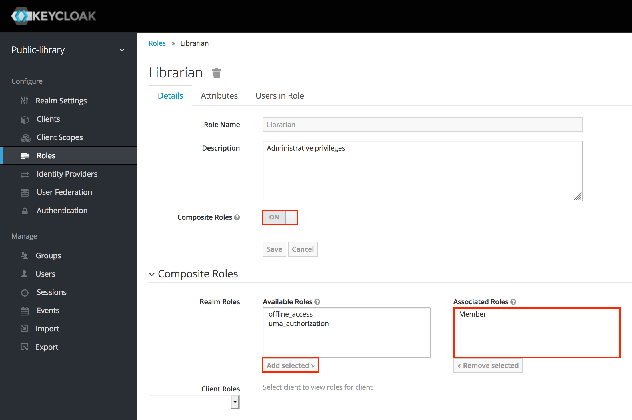 Keycloak screen for configuring composite role