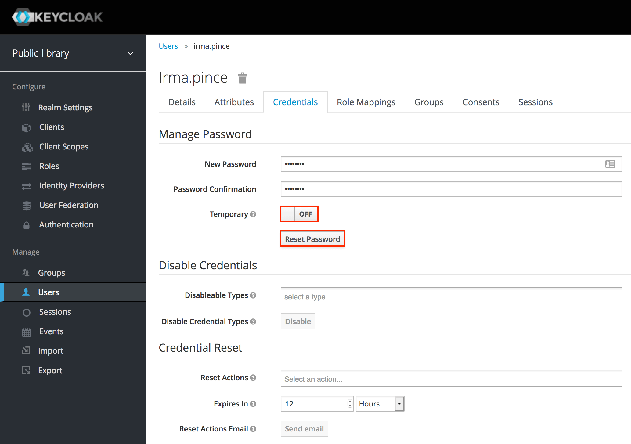 Keycloak screen to manage passwords and credentials for users