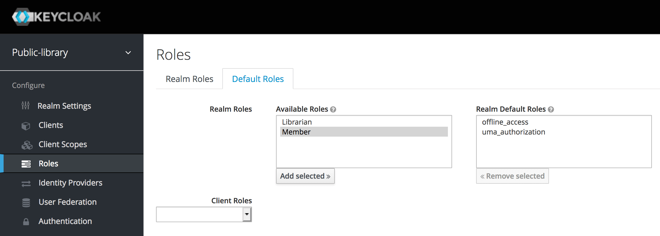 Keycloak screen for default roles