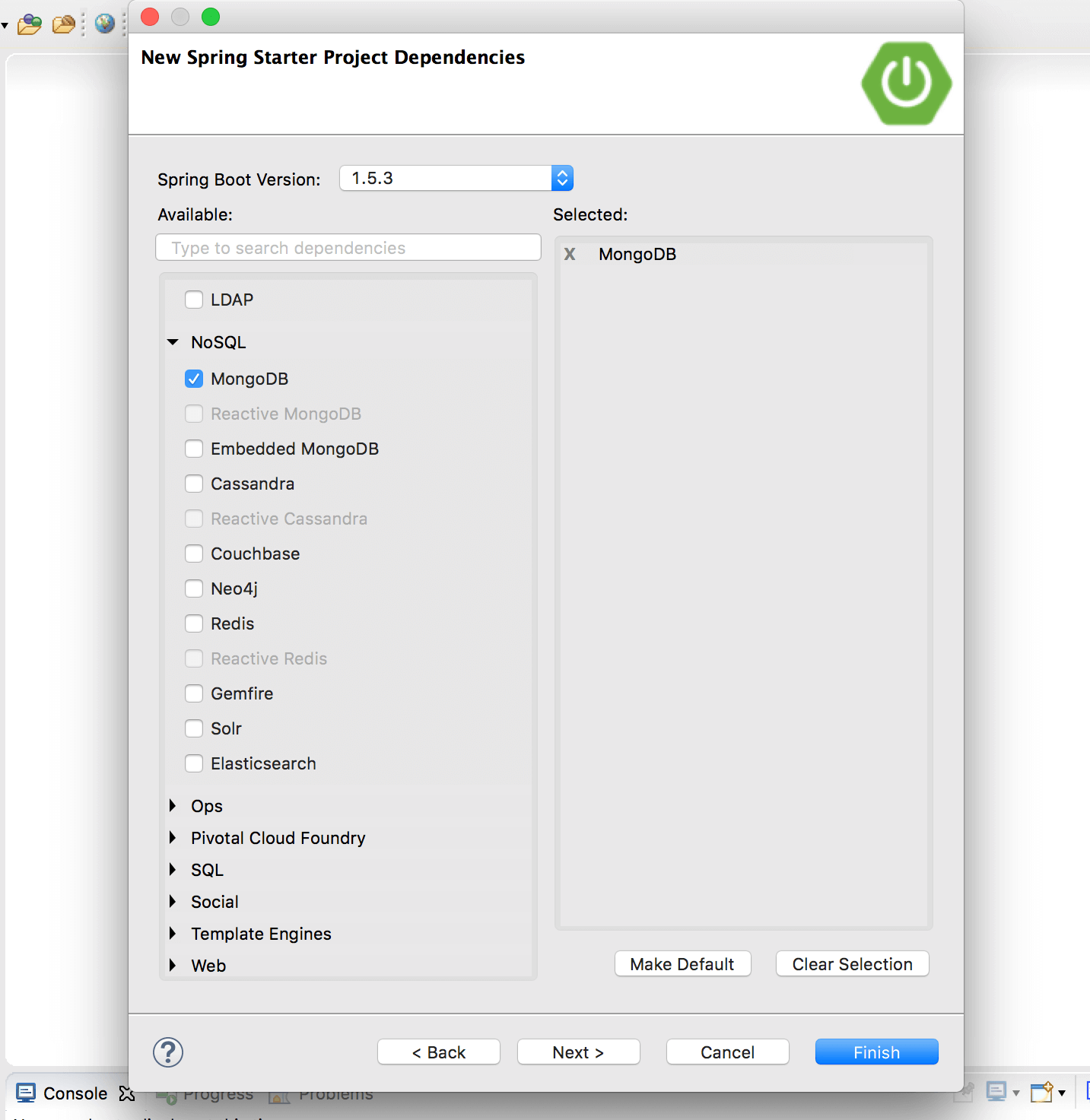 STS dialog window for Spring Boot Starter with Data MongoDB