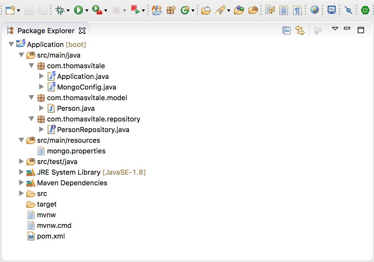 The project structure of our Spring Data MongoDB Project as seen in STS