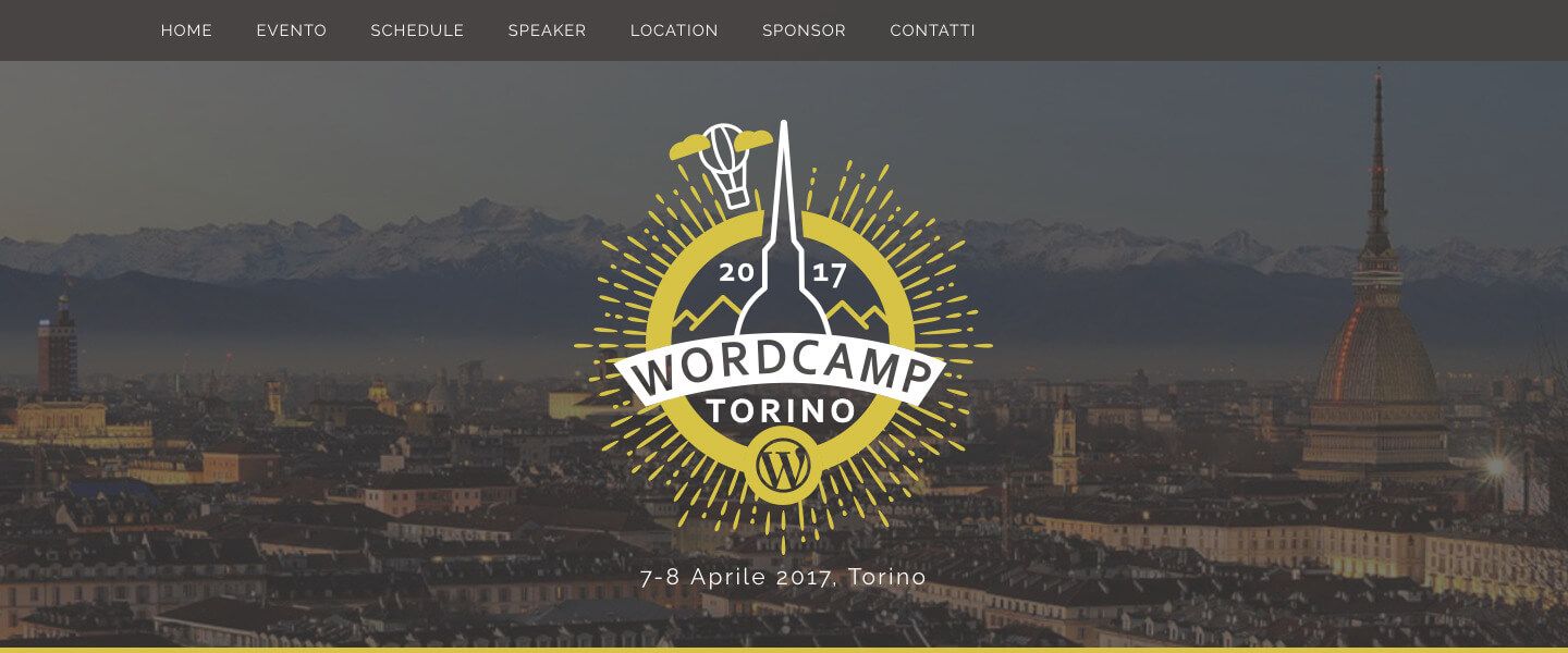 A screenshot of the header of WordCamp Torino 2017 website, with logo and picture of Torino