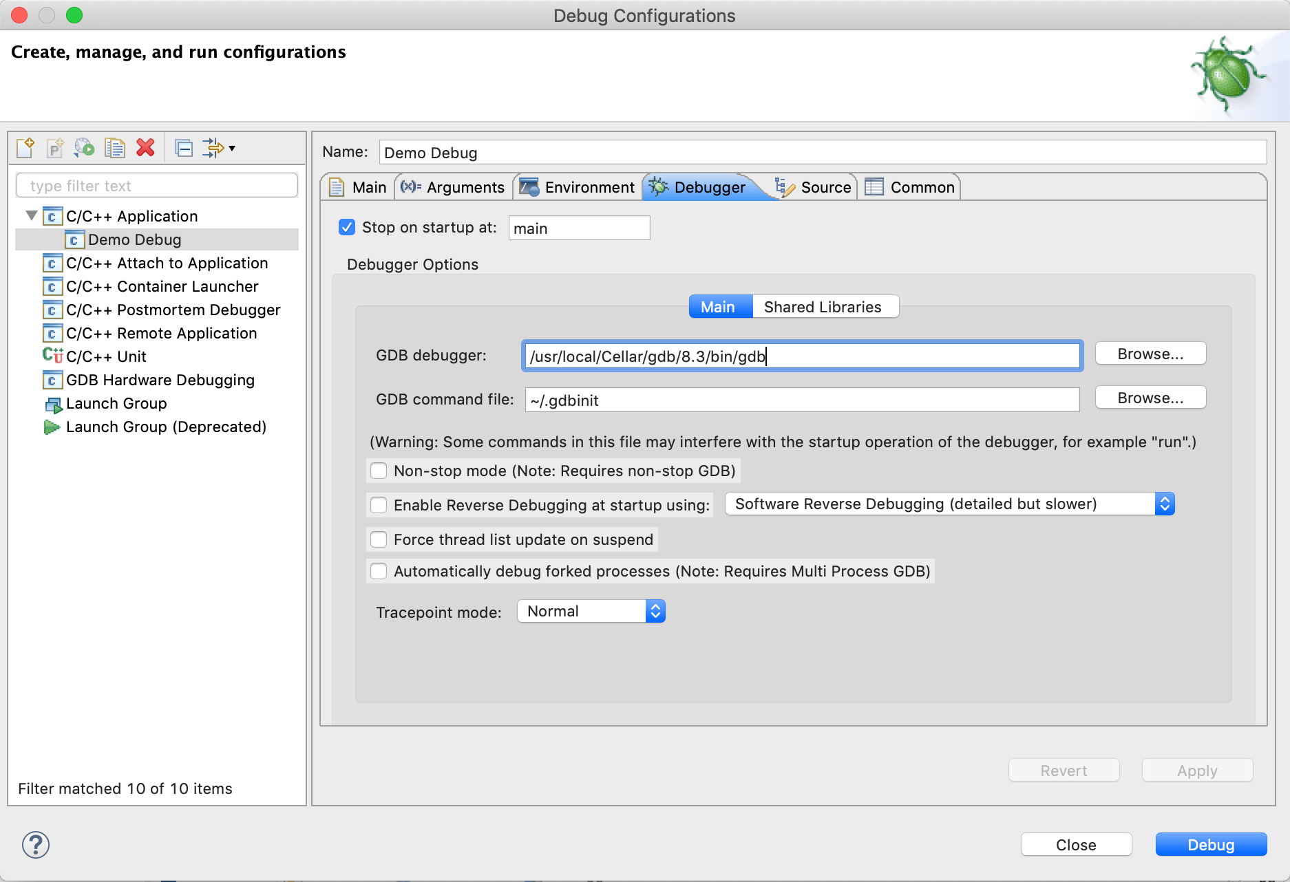 Eclipse window for debug configurations