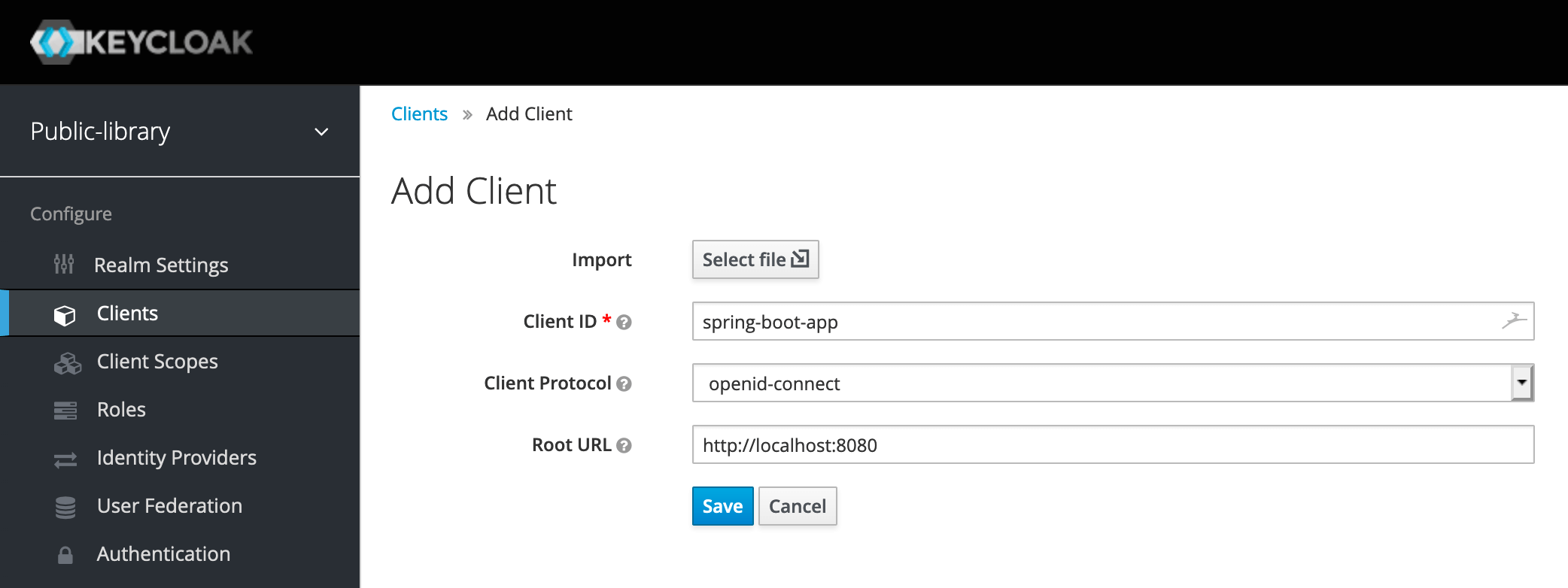 Keycloak window to create a new client