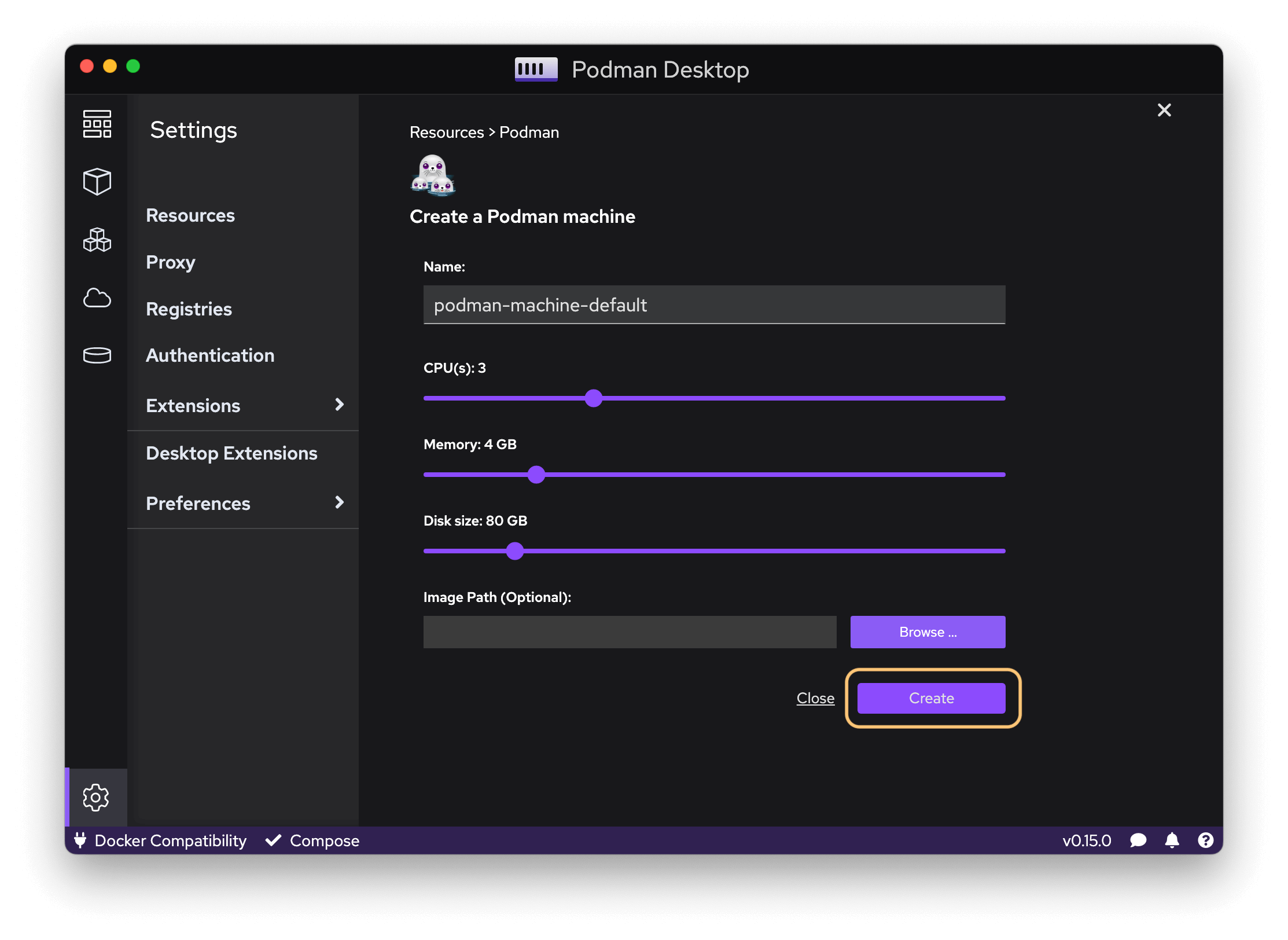 Configuration settings in Podman Desktop to create a new Podman Machine. Name, CPU, memory, disk space.