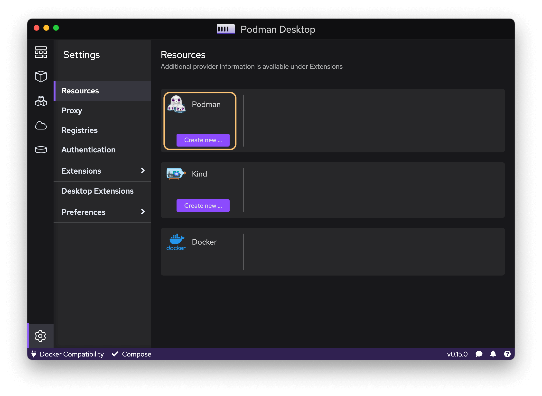 Podman Desktop. From Settings > Resources, it's possible to create a new Podman Machine clicking the "Create new..." button.