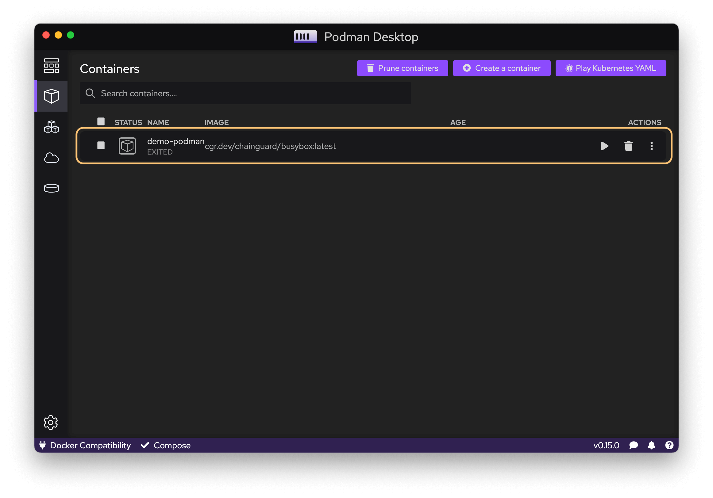 Podman Desktop. The "Containers" section shows a list of running and stopped containers.