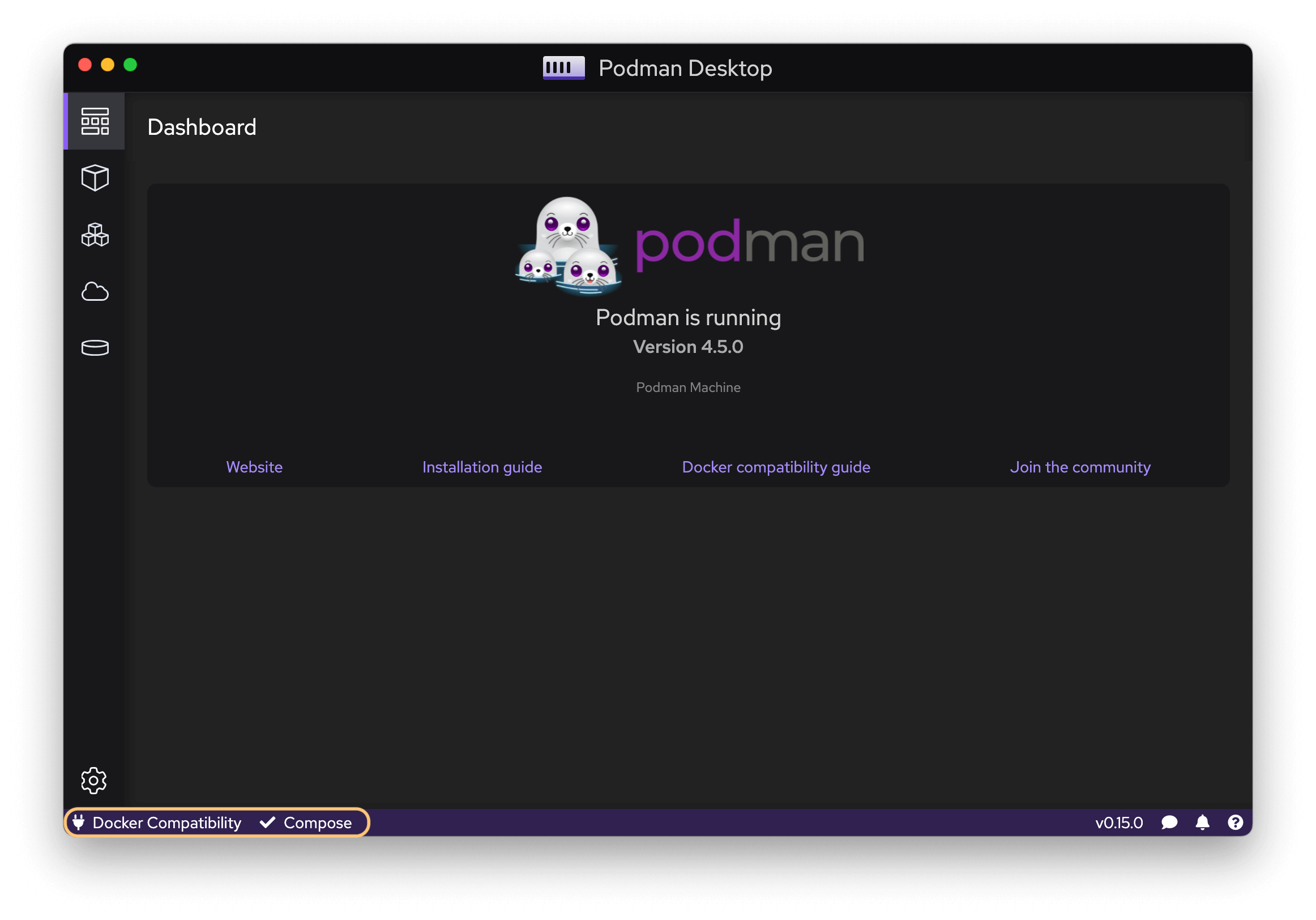In the bottom-left side of the Podman Desktop GU, info is shown about the status of the Docker and Docker Compose compatibility in Podman.