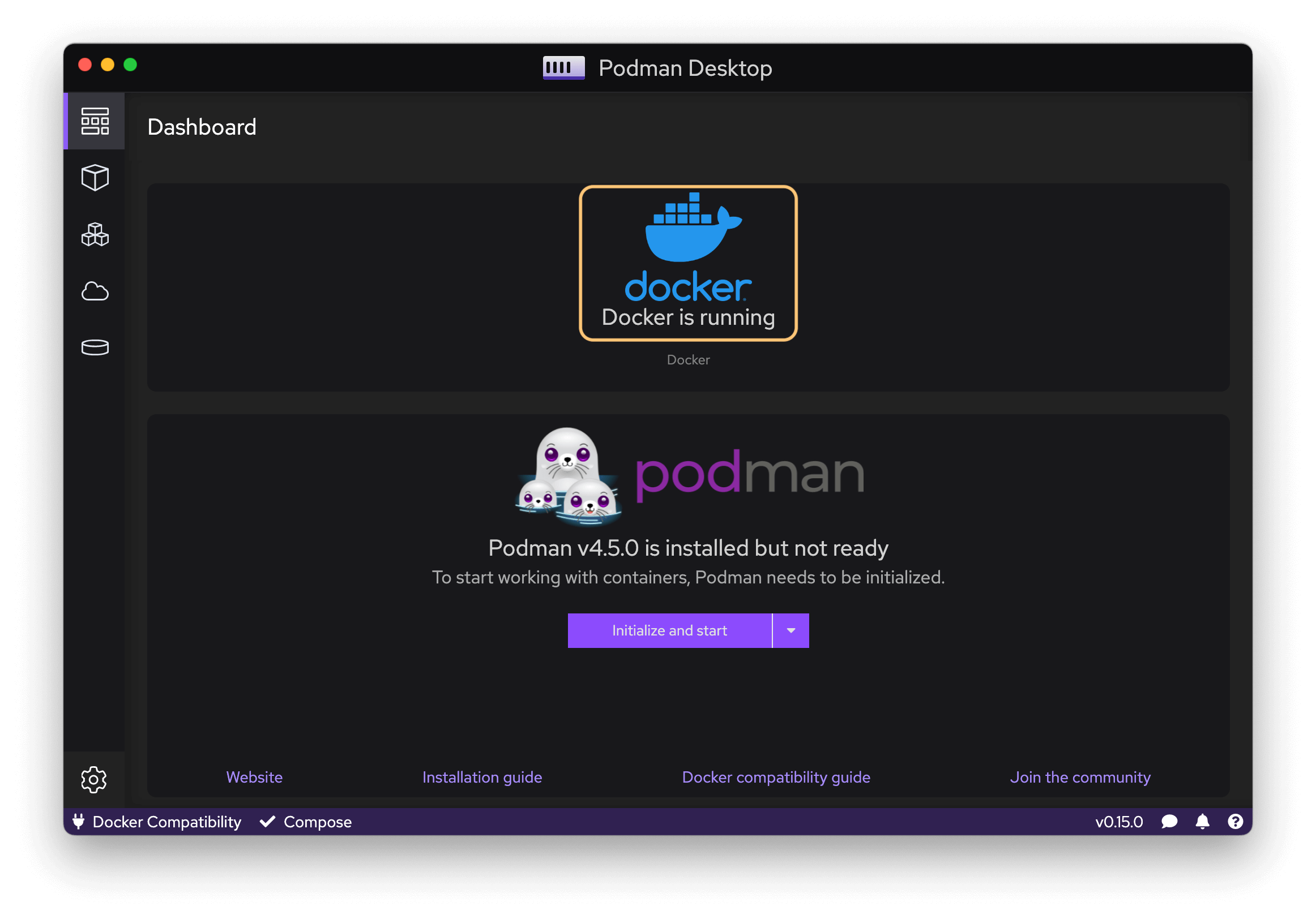The Podman Desktop Dashboard shows whether Docker is running.