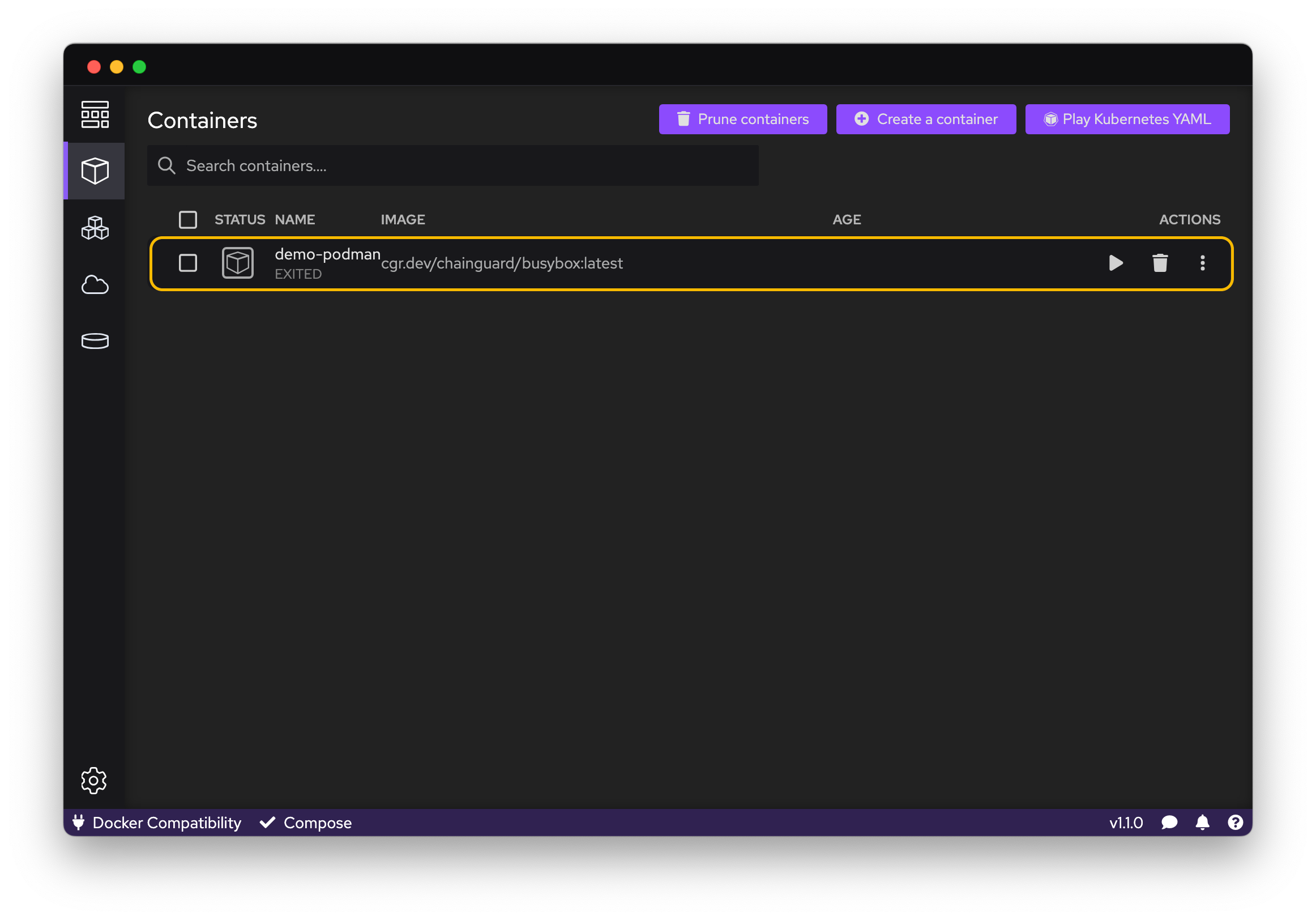 Podman Desktop. The "Containers" section shows a list of running and stopped containers.