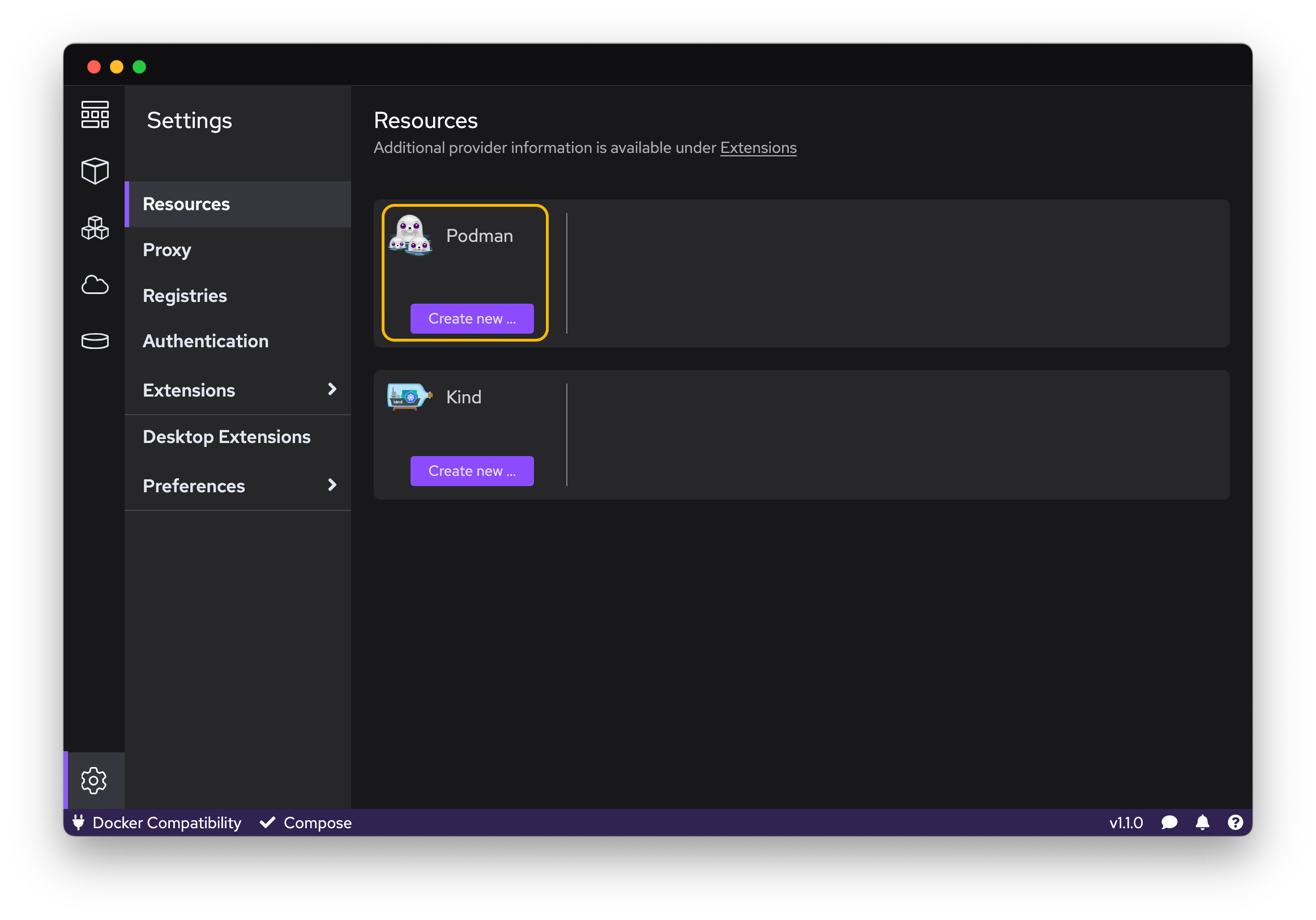 Podman Desktop. From Settings > Resources, it's possible to create a new Podman Machine clicking the "Create new..." button.