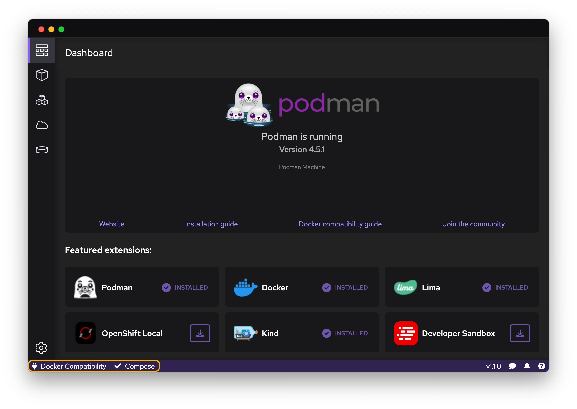 In the bottom-left side of the Podman Desktop GU, info is shown about the status of the Docker and Docker Compose compatibility in Podman.