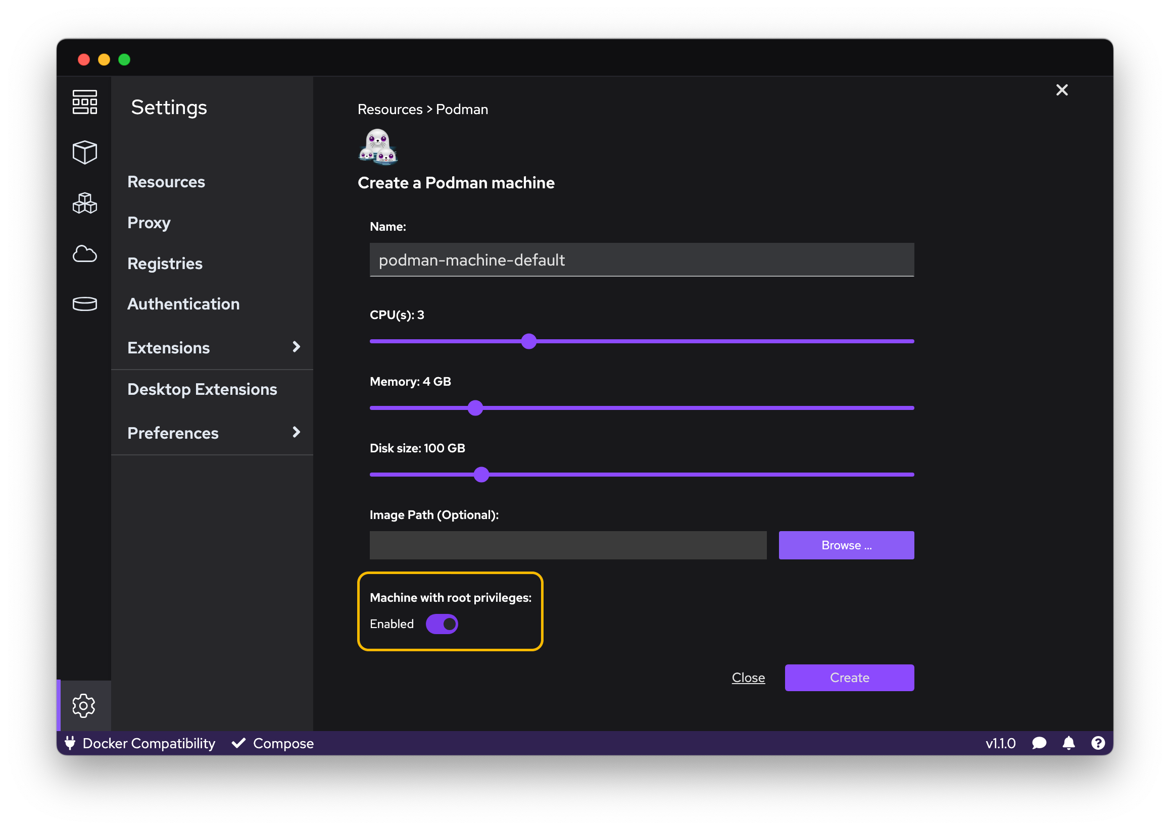 Configuration settings in Podman Desktop to create a new Podman Machine in rootful mode. Name, CPU, memory, disk space.