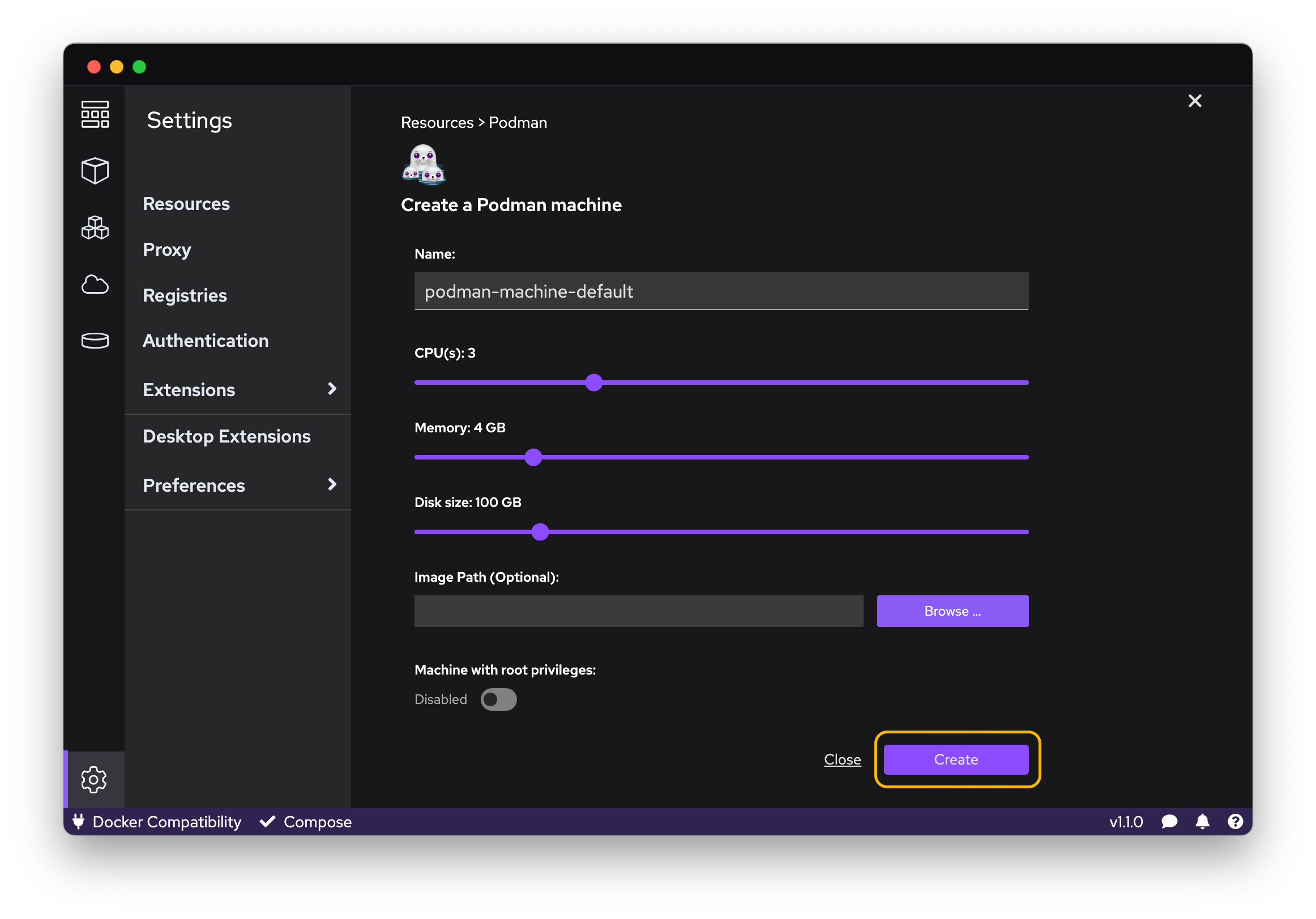 Configuration settings in Podman Desktop to create a new Podman Machine. Name, CPU, memory, disk space.