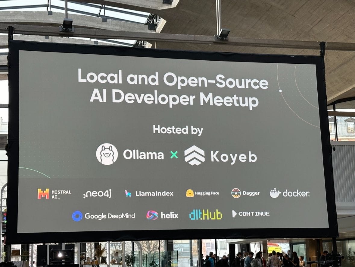 Welcome slide from the Ollama meetup in Paris: "Local and Open-Source AI Developer Meetup" hosted by Ollama and Koyeb.