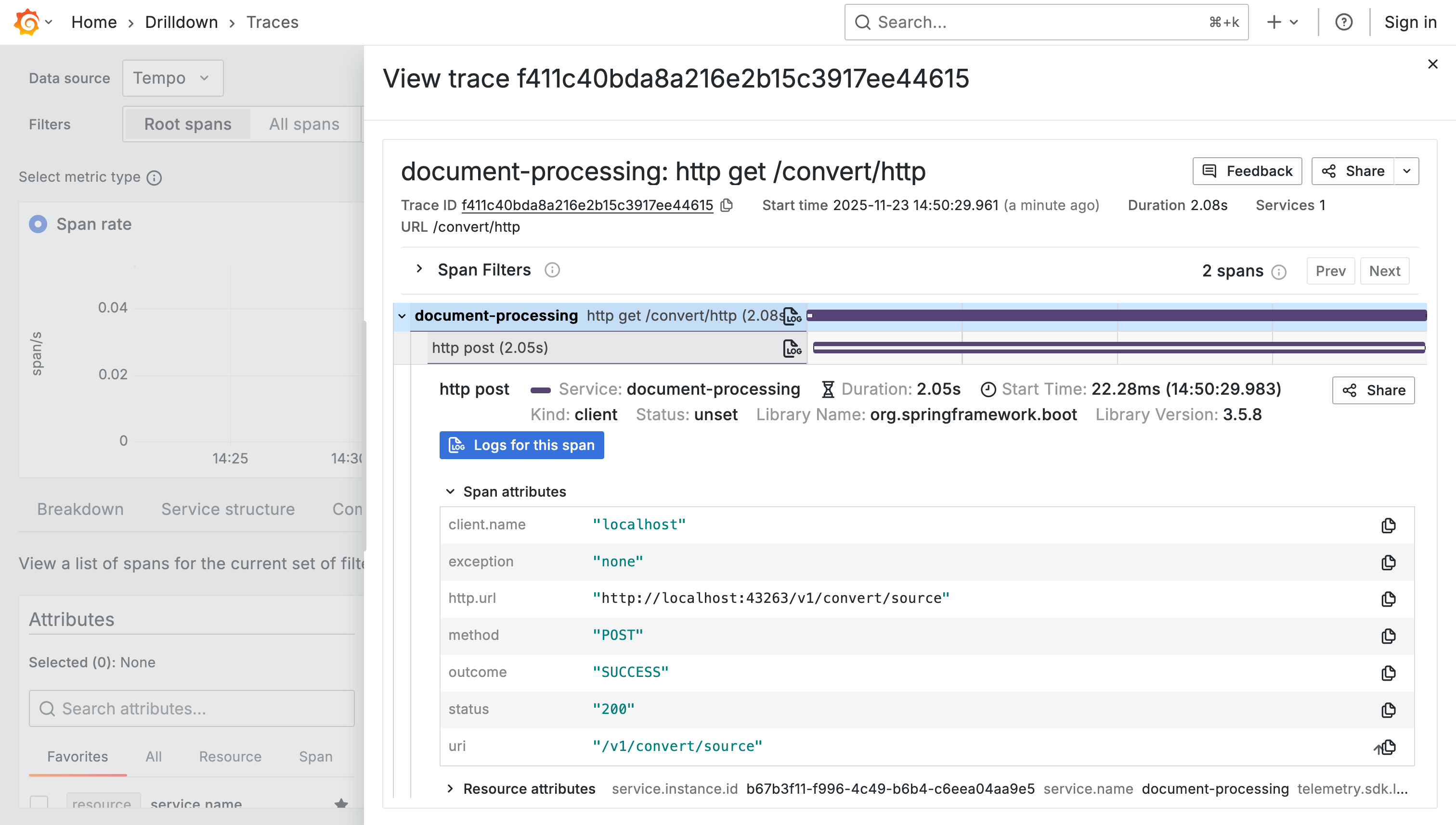 A screenshot of Grafana, showing an OpenTelemetry trace of the HTTP interaction between the Spring Boot application and the Docling Serve backend.
