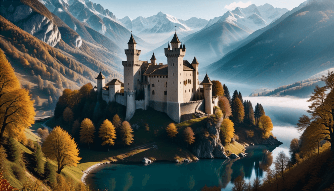 A medieval castle in an Alpine Italian landscape in winter.