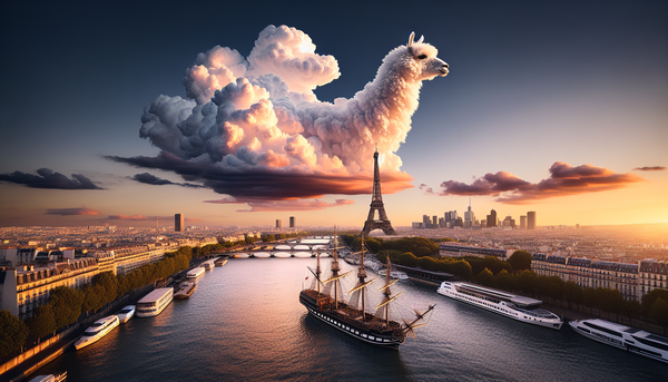 A view of Paris at sunset, with symbols linking to cloud native, Kubernetes, AI and Ollama.