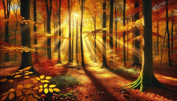 Autumn forest, with sunlight filtering through the branches.